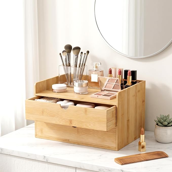 Desk Organizer with Drawers - Bamboo Desktop Organizer Storage | White-Natural Wood Desk Drawers Organizer for Bills, Office Supplies, Cosmetics, Seals No Assembly Required