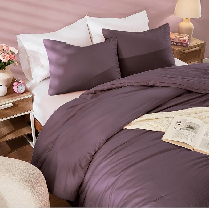 WRENSONGE Full Size Comforter Sets - 3 Pieces Deep Purple Comforter Prewashed Soft Lightweight for All Seasons, Fluffy Down Alternative Comforter Full Size with 2 Pillow Shams