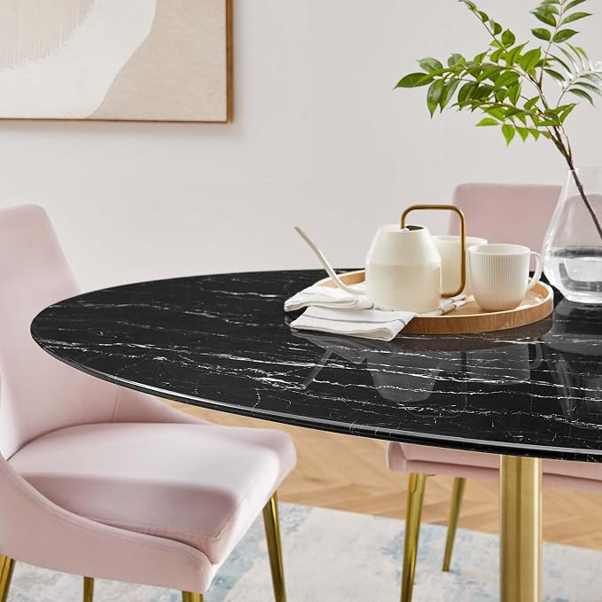 Modway Lippa Oval 60" Artificial Marble Mid-Century Modern Dining Table, Gold Black