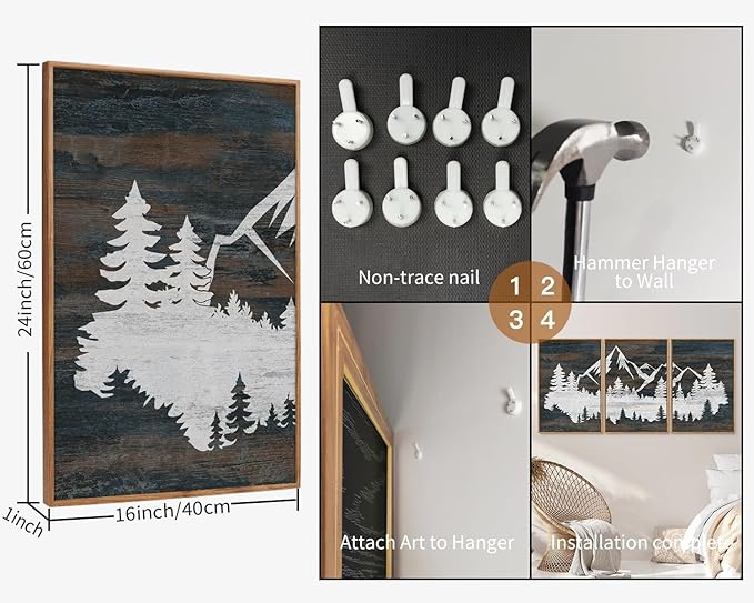 Rantodecor Vintage Mountain Framed Canvas Wall Art, White Snowy Nature Landscape Wall Decor, Rustic Wilderness Forest Art Paintings, Modern Farmhouse Artwork for Bedroom Living Room Office 16"x24"x3