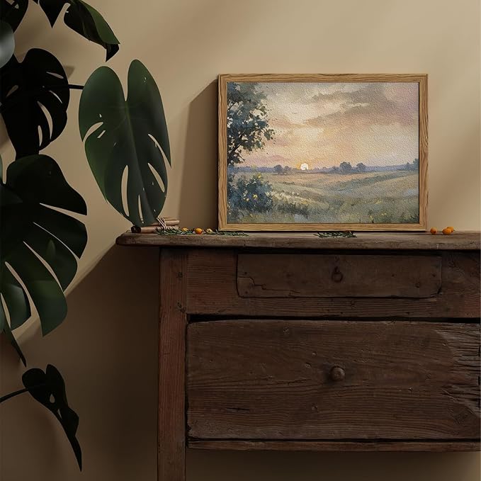 Vintage Sunset Wall Art Rustic Cottagecore Landscape Wall Decor Fall Country Nature Painting Artwork 3D Textured Sandstone for Living Room Bedroom 12x16 Inch Wood Framed