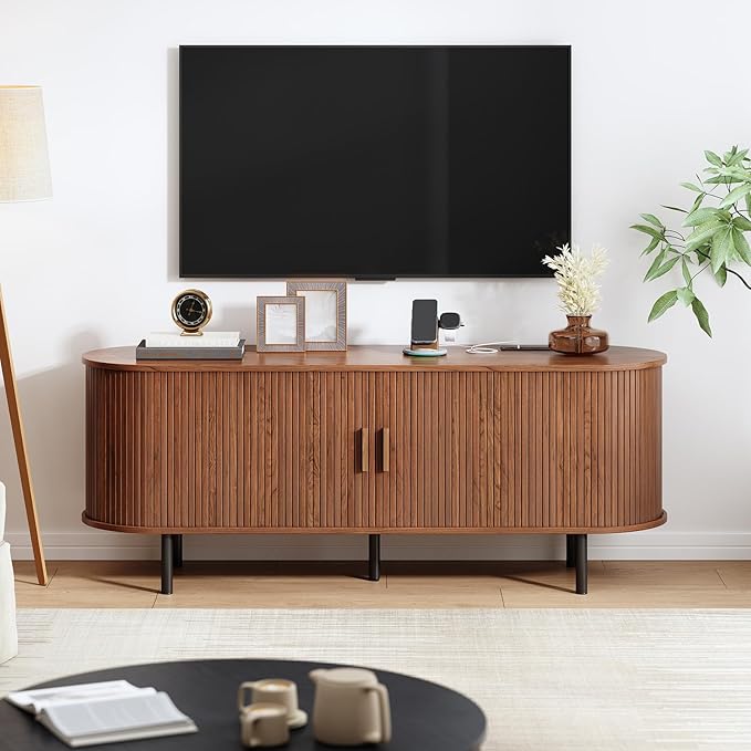 55" TV Stand with Power Outlet, Mid-Century Modern Television Stand, Fluted Media Console with Sliding Doors, Entertainment Center for TVs up to 60 Inch, Adjustable Shelves, Walnut
