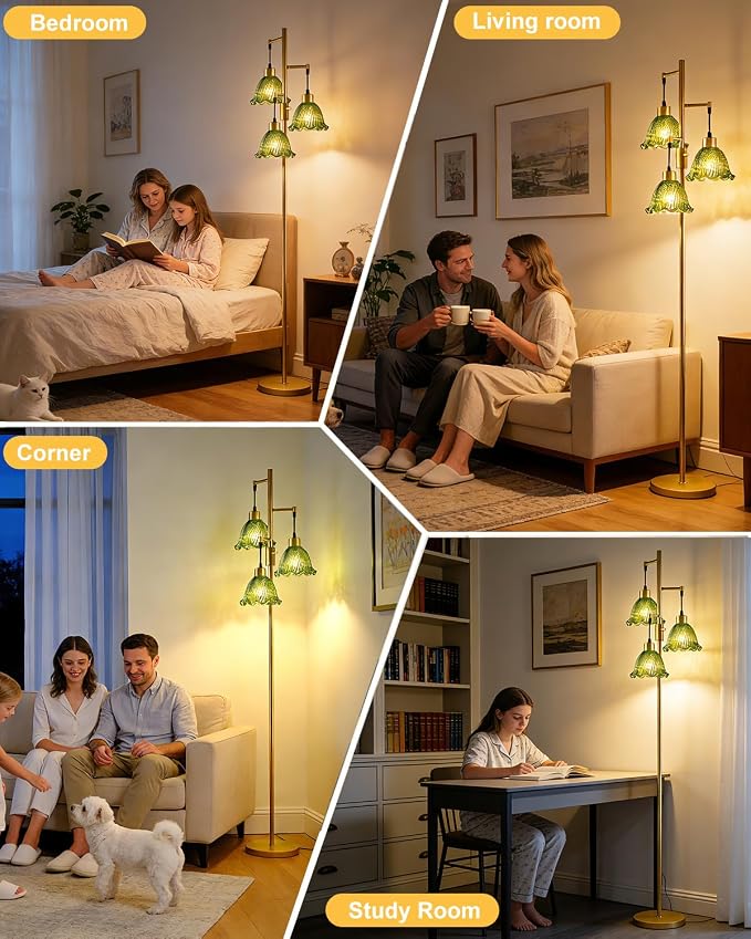 3-Light Modern Glass Floor Lamp, Gold Standing Tall Lamp with Green Glass Shade for Reading, Dimmable LED Floor Lamp with 5Lbs Heavy Base for Living Room Bedroom Home Decor, Bulb Included
