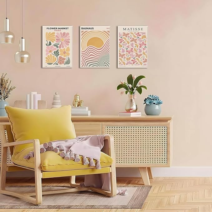 BingruiArt Boho Abstract Wall Art Yellow Canvas Flower Market Posters Set of 3 Bauhaus Pictures Matisse Print Floral Aesthetic Painting Decor for Dorm Living Room Bedroom 12"x16" Framed