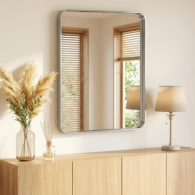 NEWBULIG 28X36 Inch Bathroom Mirror for Over Sink, Wall Vanity Mirrors Tempered Glass, Anti-Rust Metal Framed Rounded Rectangle, Hangs Horizontally or Vertically, Farmhouse Home Decor, Silvery