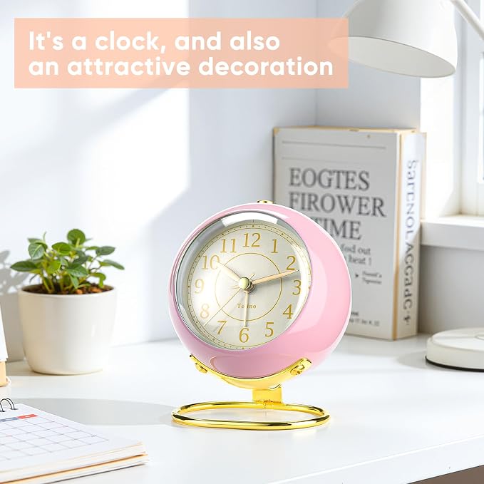 Analog Alarm Clocks,Retro Backlight Cute Simple design Small desk Clock With Night Light,Silent Non-Ticking,Battery Powered,For Kids,teens,Bedroom,travel,kitchen,Bedside Desk decor. (Light pink)
