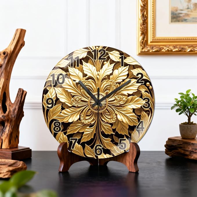 peacoblue Wall Clocks Battery Operated 12 Inch Golden Abstract Leaves Glass Round Wall Clock Non Ticking for Kitchen Living Room Dining Room Bedroom and Bathroom Decor (Battery not Included)