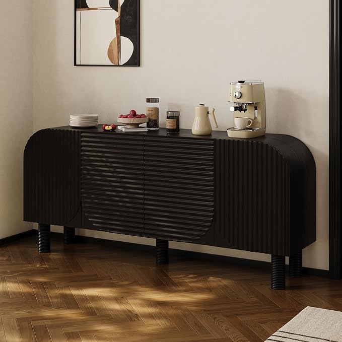 Rophefx 71" Curved Sideboard Cabinet, Large Buffet Sideboard Cabinet with Arched Textured Doors, 4 Doors Credenza with Anti-Tip Device Storage Cabinet for Kitchen, Living Room, Entryway (Black)