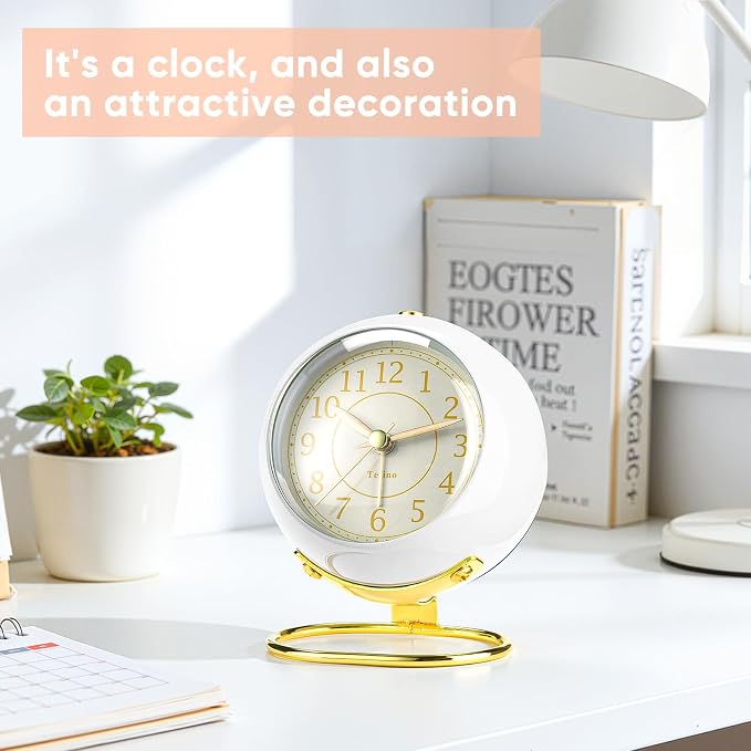 Analog Alarm Clocks,Retro Backlight Cute Simple design Small desk Clock With Night Light,Silent Non-Ticking,Battery Powered,For Kids,teens,Bedroom,travel,kitchen,Bedside Desk decor. (Bright White)