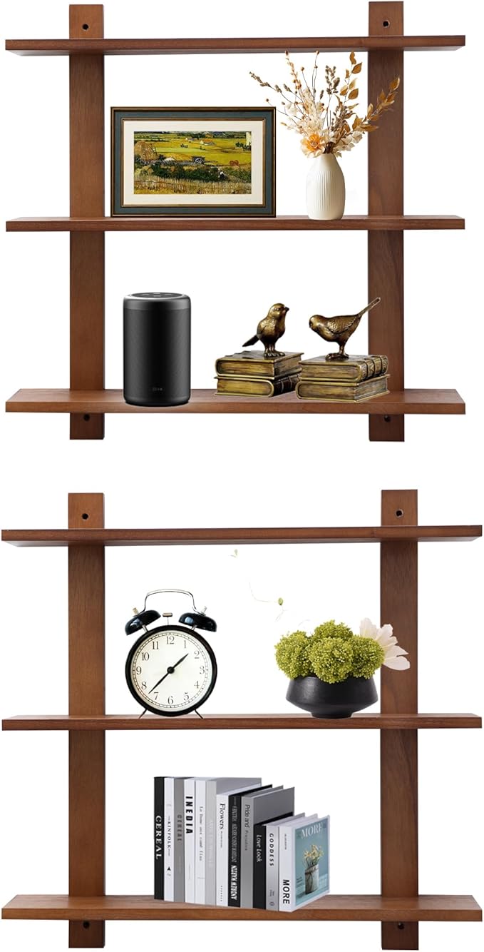 3 Tier Floating Shelves,Long Wall Shelf,Over The Toilet Shelves Bathroom Hanging Display Storage Rustic for Living Room Bedroom Kitchen Office Coffee Bar Decor Decorative,24 Inch,2 Pack (Walnut)