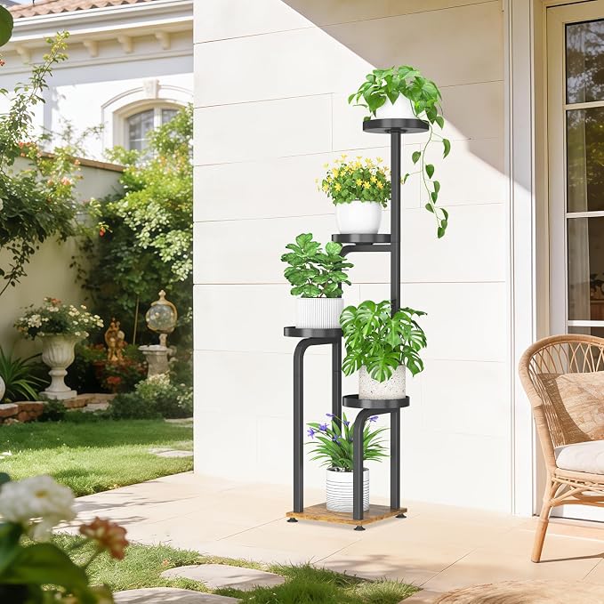 iDavosic.ly Tall Plant Stand Indoor, 4 Tier Corner Multiple Flower Holder Shelf with Metal Trays, Space Saving Display Rack for Living Room Balcony Patio Porch Outdoor | Black & Brown