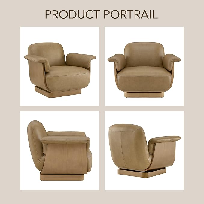 CHITA Genuine Leather Reclining Swivel Chair with Storage Ottoman, Modern Living Room Accent Chair with Lounge Seat for Bedroom, Office, Mocha