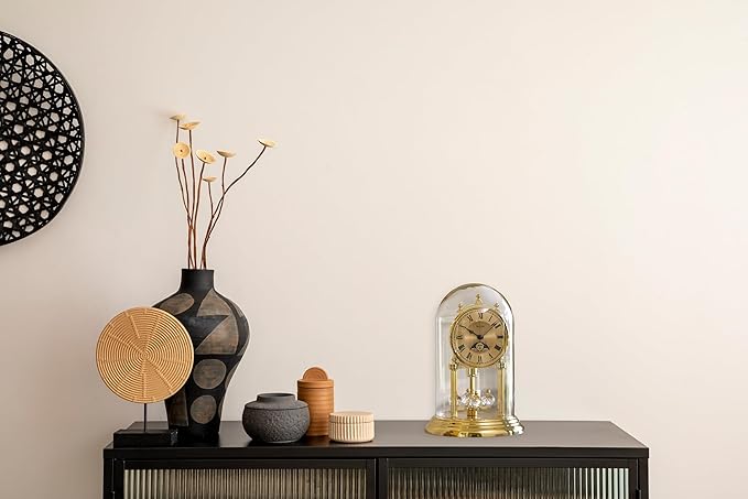 Bulova Tristan I Desk and Table Clock | Model B8818 | Polished Brass Finish | Polished Metal Base | Floating Dial | Roman Numerals | Elegant Pendulum Design