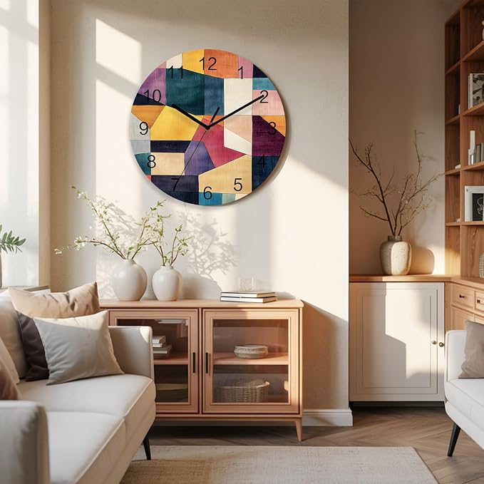 Impressionist Style Wall Clock Battery Operated Non-Ticking 12" Round Wood Clocks, Modern Colored Color Block Kitchen Wall Clock for School Bathroom Living Room Home Office Wall Decor