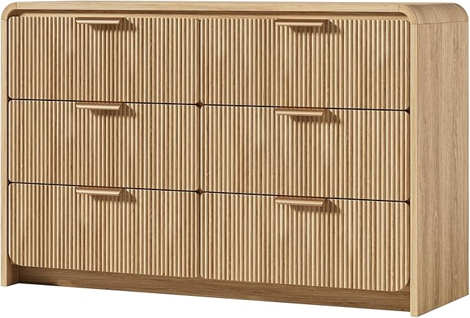 Fluted 6 Drawer Dresser, 47” Wide Wooden Storage Chest with Rounded Curved Corners and Gold Handles, Natural Oak Wood Dresser for Bedroom, Living Room, Hallway