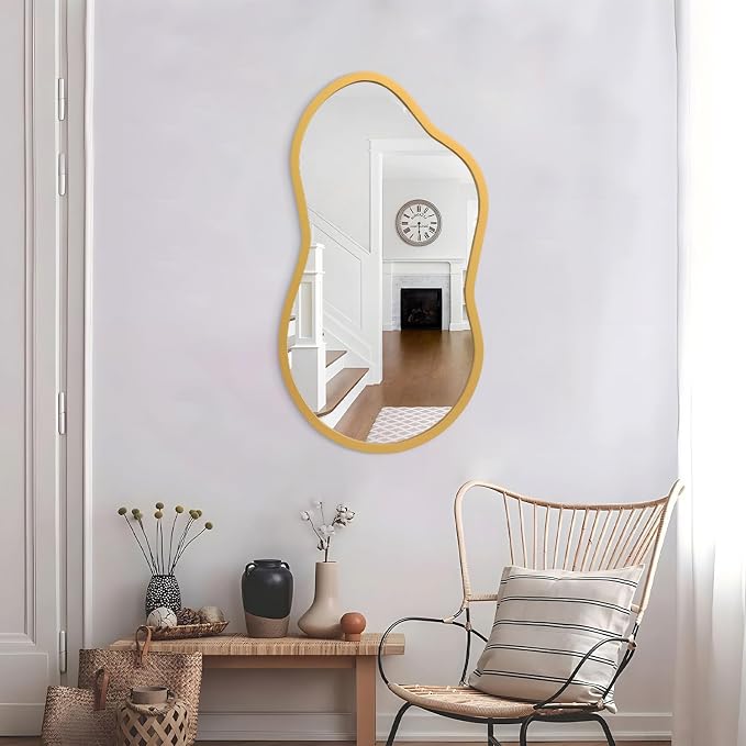 AAZZKANG Large Wall Mirror with Wood Framed 22"x12" Gold Irregular Hanging Mirrors Asymmetrical for Bathroom Bedroom Living Room Entryway