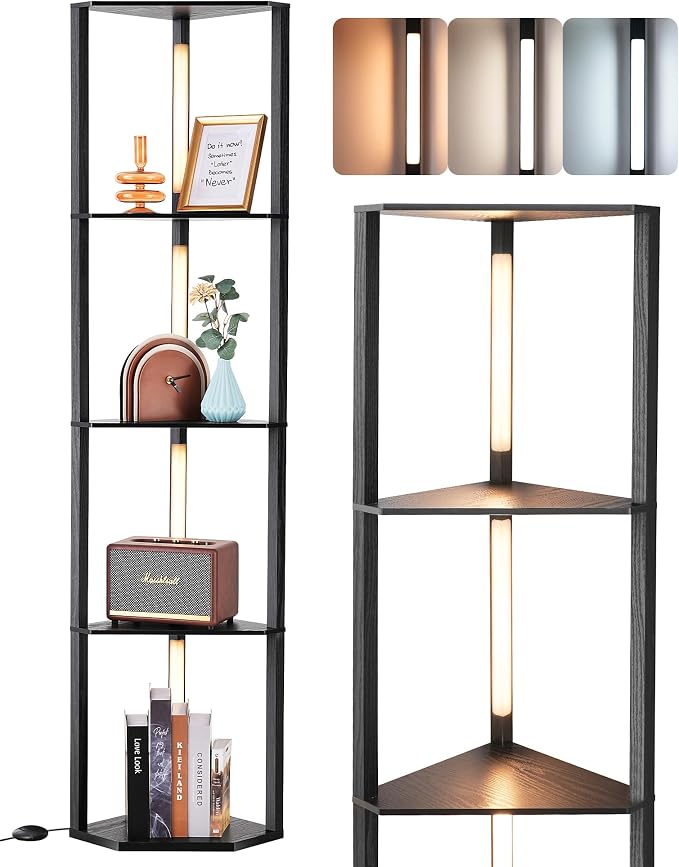 EDISHINE 64" Corner Display Shelf with Light, Modern Corner Floor Lamp with Shelves, 3CCT, Stepless Dimmable Standing Lamp for Living Room, Bedroom, Office, Dining Room, 3000K 4000K 5000K, Black