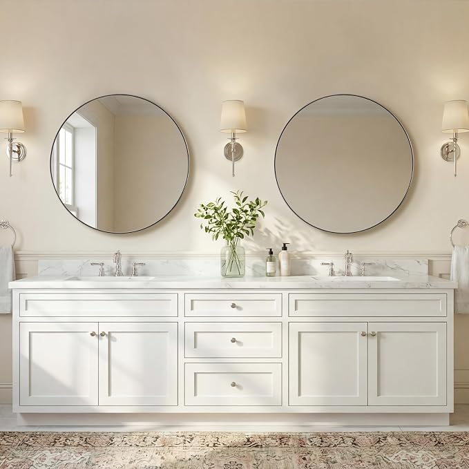 ANDY STAR 28" Brushed Nickel Bathroom Mirror, Round Brushed Nickel Vanity Mirror, Silver Circular Mirror in Stainless Steel Metal Frame for Wall Decor, Living Room, Powder Room