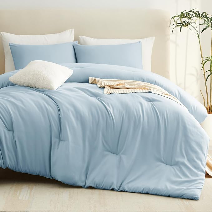CozyLux Oversized King Comforter Set Light Blue, 3 Pieces 120"x98" Lightweight Down Alternative Quilted Bedding Sets, All Season Breathable Solid Comforter with 2 Pillowcases, Bed Set Gift for Home