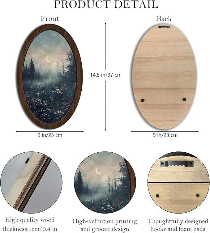 UYIKG Vintage Wall Art Decor,Rustic Farmhouse Gothic Forest Wooden Framed Decor,Moonlit Moody Oval Wall Decorations for Theme Room Home Bedroom Living Room Office 9x14.6 in