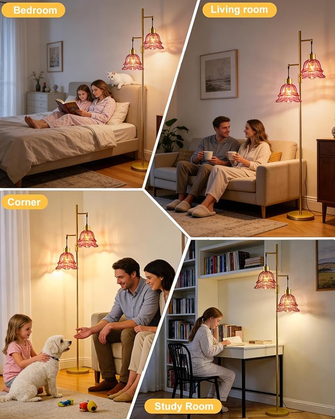 2-Light Modern Glass Floor Lamp, Gold Tall Standing Lamp with Deep Red Tulip Glass Shade for Reading, Dimmable LED Floor Lamp with 5Lbs Heavy Base for Living Room Bedroom Home Decor, Bulb Included