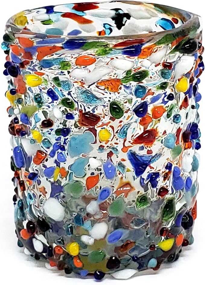 Confetti Rocks 10 oz Tumbler Glasses (set of 6) Mexican Handmade Multicolor Glassware, Recycled Glass, Lead-free, Toxin-Free (Tumbler)