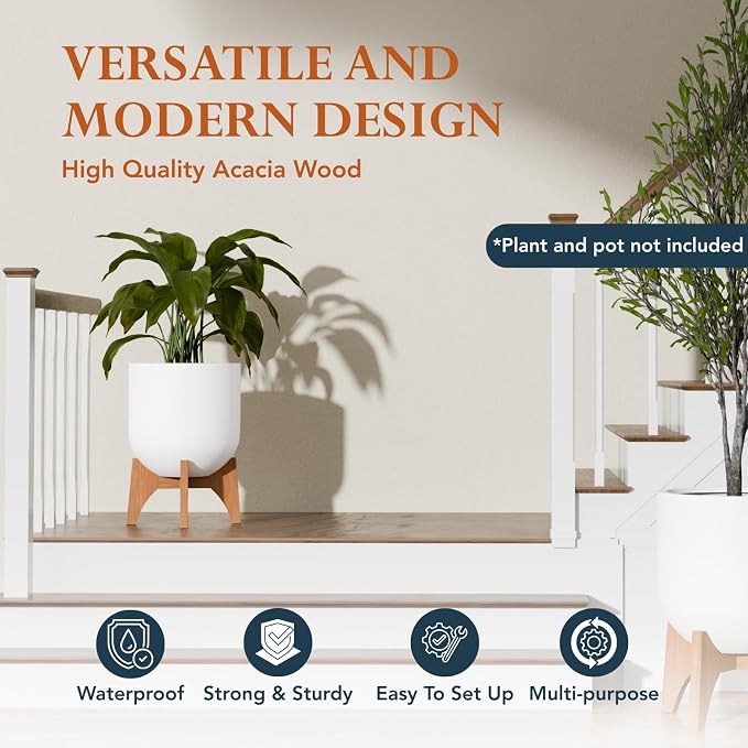 KUTE NEST 8.8" H x 14" W Acacia Solid Wood Plant Stand, Mid Century Plant Holder for Outdoor & Indoor Use, Ideal for Corso & Arco Planter, Golden Finish for Modern Home (Golden Teak, Low - Small)