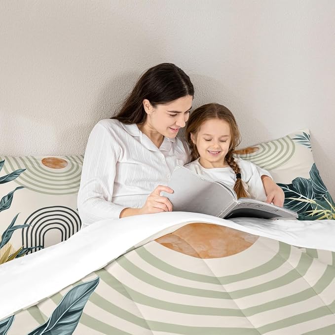 Erosebridal Mid Century Modern Toddler Comforter Set Boho Tropical Leaves Palm Leaf Bedding Set Retro Geometric Line Art Comforter for Kids Boys Girls Abstract Sun Aesthetic Arch Curve Quilt Duvet