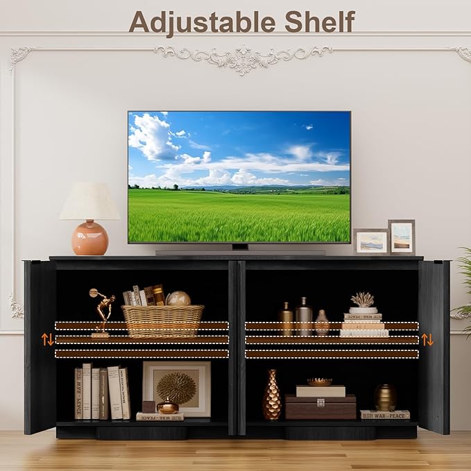 Yechen Buffet Cabinet with Storage, 59" Accent Sideboard Modern Credenza with Doors & Adjustable Shelves Fluted Media Console Wood Coffee Bar Table for Living Kitchen Dining Room Black(4 Door)