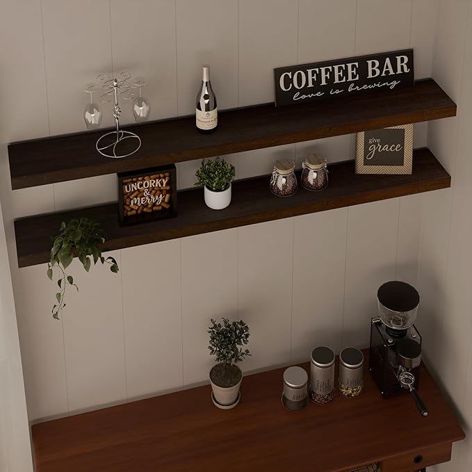 IEO Long Wooden Floating Shelves for Room Wall, Natural Wood Floating Shelves Wall Mounted Kitchen Shelf for Living Room, Bedroom, Kitchen,Bathroom, Storage (Walnut, 48in 2tier)