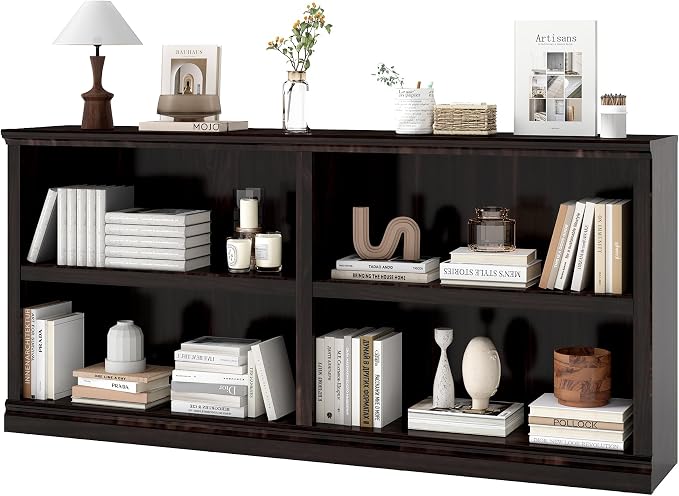 Double Wide Open Shelf Bookcase - 2 Tiers 4 Storage Cube Adjustable Space Book Case, Display Cabinet Organizer with Bookshelf, 64.8 inch Width Indoor Furniture for Home Library Office, Dark Cherry