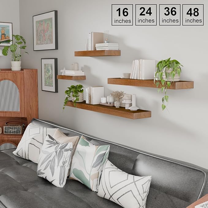 IAE Walnut Floating Wall Shelves 24 inch, Bathroom Shelf Wall Mounted,Invisible Shelf Floating Kitchen Shelves,Wooden Wall Shelving with Brackets for Living Room Wall Mounted,Easy Install,Set of 2