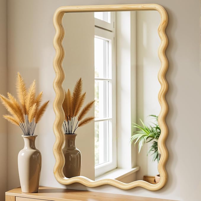 TRAHOME 24x36 Wavy Wood Bathroom Vanity Mirror, Boho Wall Mirror with Natural Wood Frame for Over Sink, Entryway, Bedroom