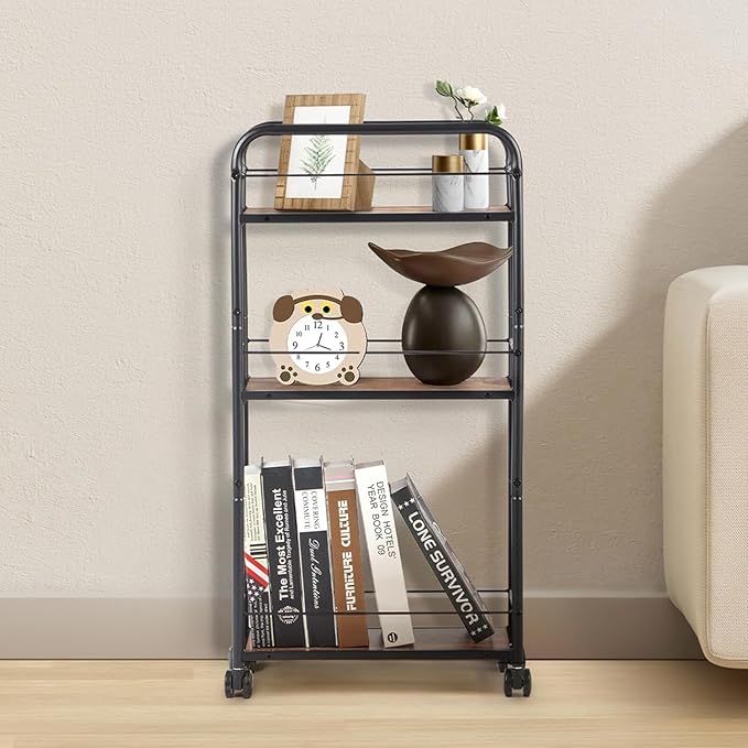 Small Bar Cart for Small Spaces, 3-Tier Slim Rolling Kitchen Cart on Wheels, Narrow Cart with Protective Fence, Industrial Mini Coffee Station for Home,Living Room,Bathroom, Rustic Brown