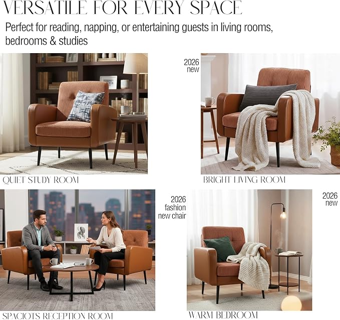 Comfy Accent Chair for Living Room Chairs Mid Century Modern Reading Chair Accent Chairs with Metal Legs,Upholstered Arm Chair for Bedroom Office Waiting Room (Brown & Ochre,1)