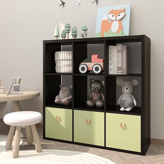 Endearing Limons【2026 Wooden Thick Border 9 Cube Shelf Storage Organizer with Anti-Tipping Kits + Reversible Open Back Bookcase (11 x 11 Unit Cell Chocolate)
