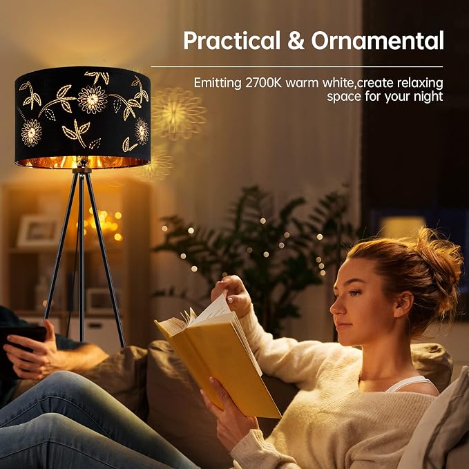BoostArea Flower Tripod Floor Lamp, Mid Century, 8W LED Bulb, Decorative Lamp Shade, Black Metal Pole, Suitable for Living Room, Bedroom, Study, Office