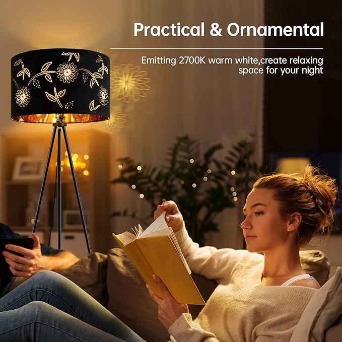 BoostArea Flower Tripod Floor Lamp, Mid Century, 8W LED Bulb, Decorative Lamp Shade, Black Metal Pole, Suitable for Living Room, Bedroom, Study, Office