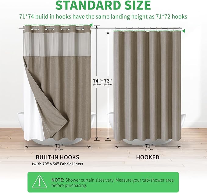 No Hooks Needed Linen Textured Shower Curtain with Snap-in Fabric Liner Set,Hotel Luxury Decor Shower Curtains for Bathroom with Mesh Top Window,Waterproof & Washable,71Wx74H,Khaki/Tan