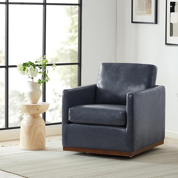 CHITA Swivel Accent Chair, Faux Leather FSC Certified Mid Century Modern Arm Chair for Living Room and Bedroom, Fully Assembled, Navy Blue