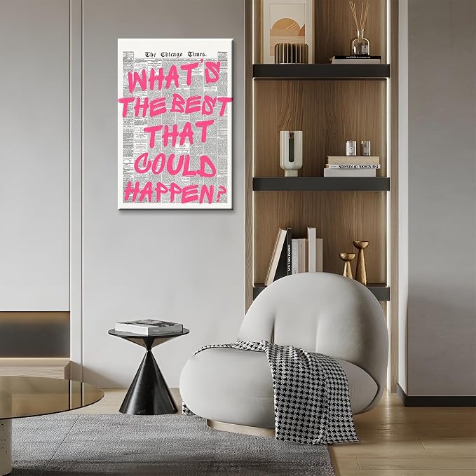 Whats The Best That Could Happen Wall Art Retro Newspaper Pink Font Canvas Poster Positive Affirming Quote Minimalist Prints Painting For Home Bedroom Dorm Wall Decor Aesthetics 16x24in Wrapped Canvas