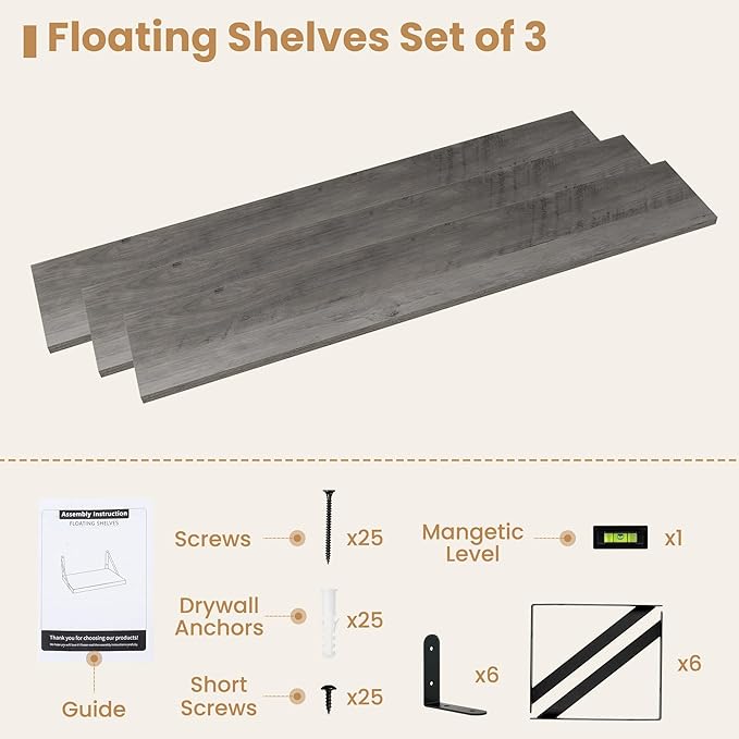 Heimlove Floating Book Shelves for Wall,47.2 Inches Long Wall Mounted Bookshelves,Heavy Duty Bracket Shelves for Living Room Kitchen,Laundry Room Storage & Decor,Set of 3,Silver Grey