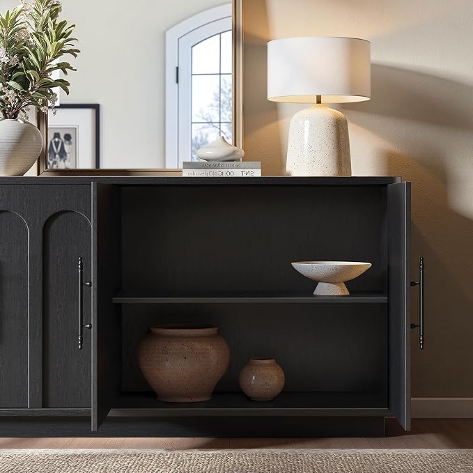 Evermagin 67" Arched Black Buffet Cabinet with Storage, Large Credenza with 4 Doors, Wood Mid Century Modern Sideboard for Kitchen and Living Room (67"*31.5"*15.7")