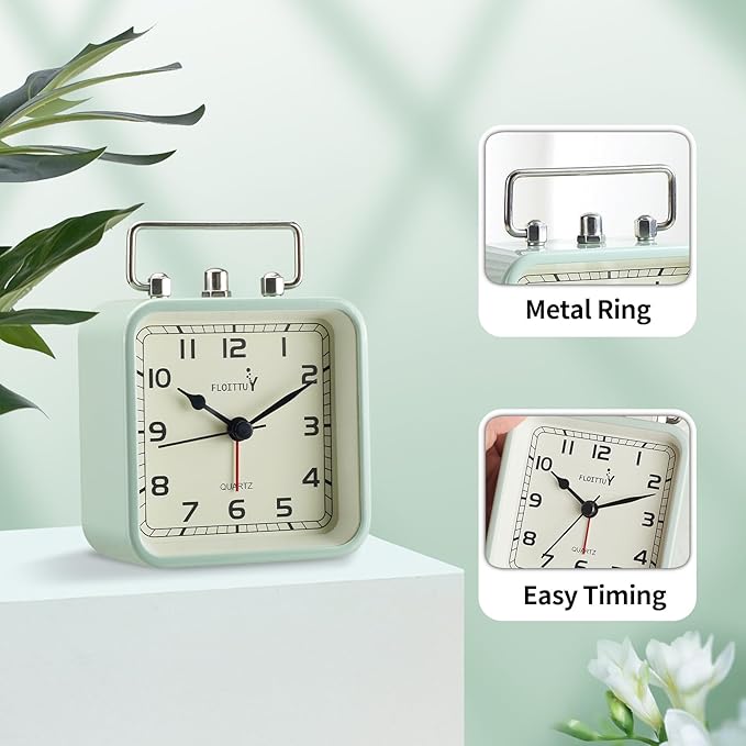 FLOITTUY Square Metal Beep Alarm Clock Silent No Ticking, Snooze and Battery Operated, Night Light and Desk Clock for Bedroom/Travel/Kids, Easy Set(Green)