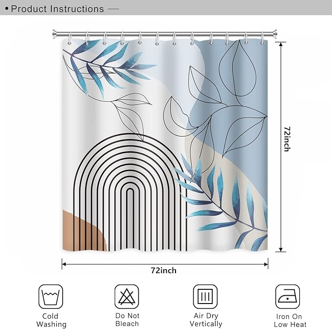 Abstract Mid Century Bathroom Shower Curtain - Bohemian Eucalyptus Leaves Stripes Arch Light Blue With Hooks, Waterproof Fabric Polyester Home Decor, 72x72 Inch