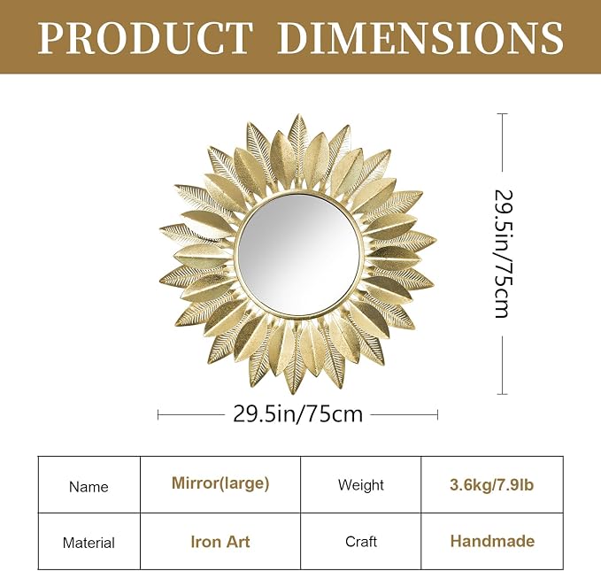 Wall Mirrors Decorative 30" Country-Style Gold Round Mirrors for Wall Decor ,Sunflower Wall Hanging Mirror