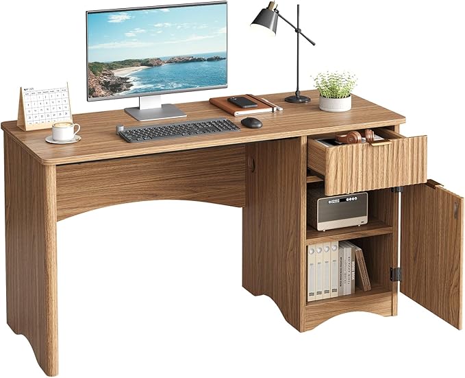 Bestier Computer Desk with Drawer, 47 inch Office Desk with Storage Cabinet, Modern Wood Desk Adjustable Shelves for Home Office & Studio, Brown Oak