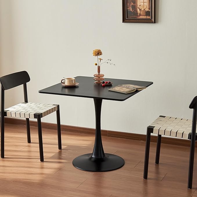 Square Dining Tulip Table for 4, Mid-Century Modern Table with Sturdy Metal Pedestal for Kitchen, Bistro, Cafe, Leisure (Black, 31.5 INCH)