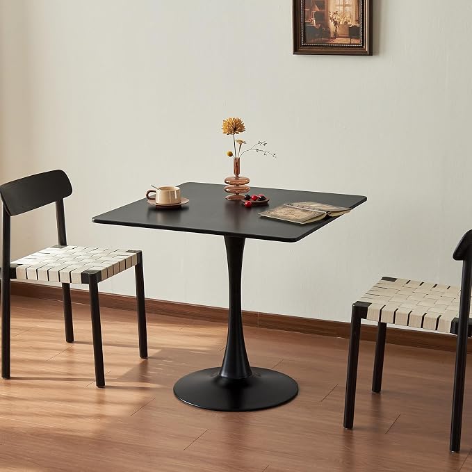 Square Dining Tulip Table for 4, Mid-Century Modern Table with Sturdy Metal Pedestal for Kitchen, Bistro, Cafe, Leisure (Black, 31.5 INCH)