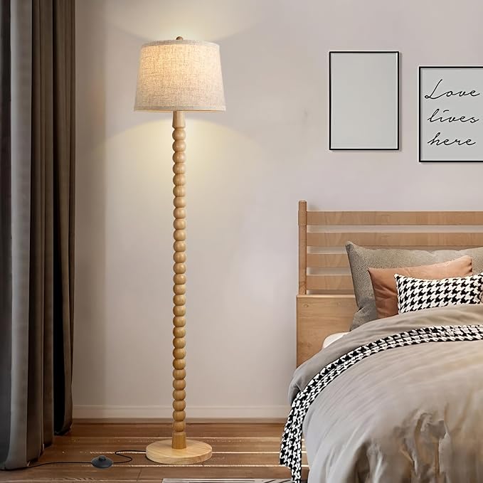 Real Wood Floor Lamp for Living Room,Real Wood Standing Lamp with 3 Color Changing Bulb Included, Tall Lamp with Linen Shade,Farmhouse Floor Lamp for Living Room,Bedroom,Corner,Dining Room and Office